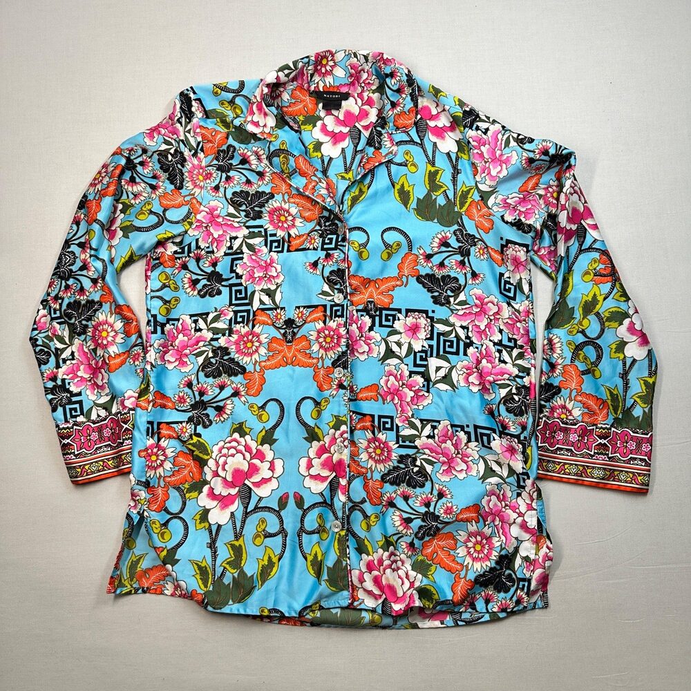 Boho Natori Floral Silky Button-Down Shirt Greek Key Print XS